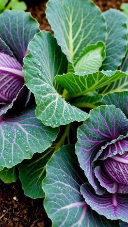 close-up of green and purple cabbage leaves with water droplets