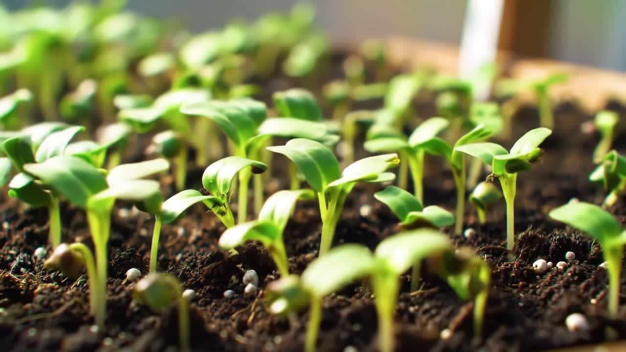 A Lush Close-Up Journey Through Seedling Growth: Observing the Transformation of Young Plants Emerging from Fertile Soil in Their Early Development Stages