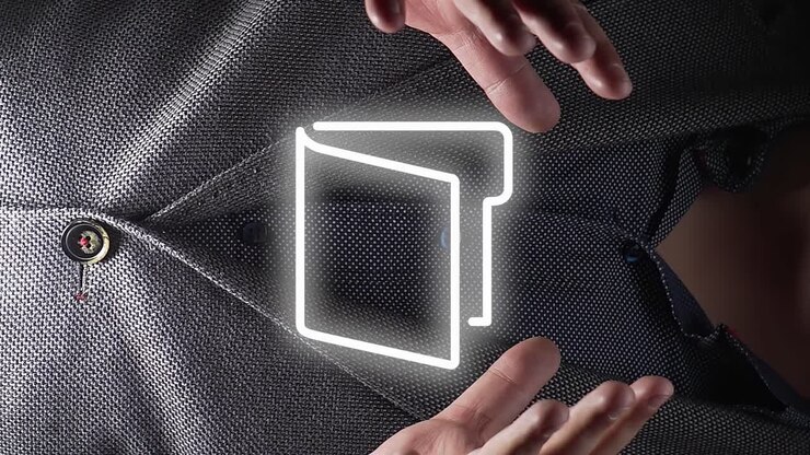 Close up shot of businessman holding digital folder symbol between both hands - Digital motion graphic