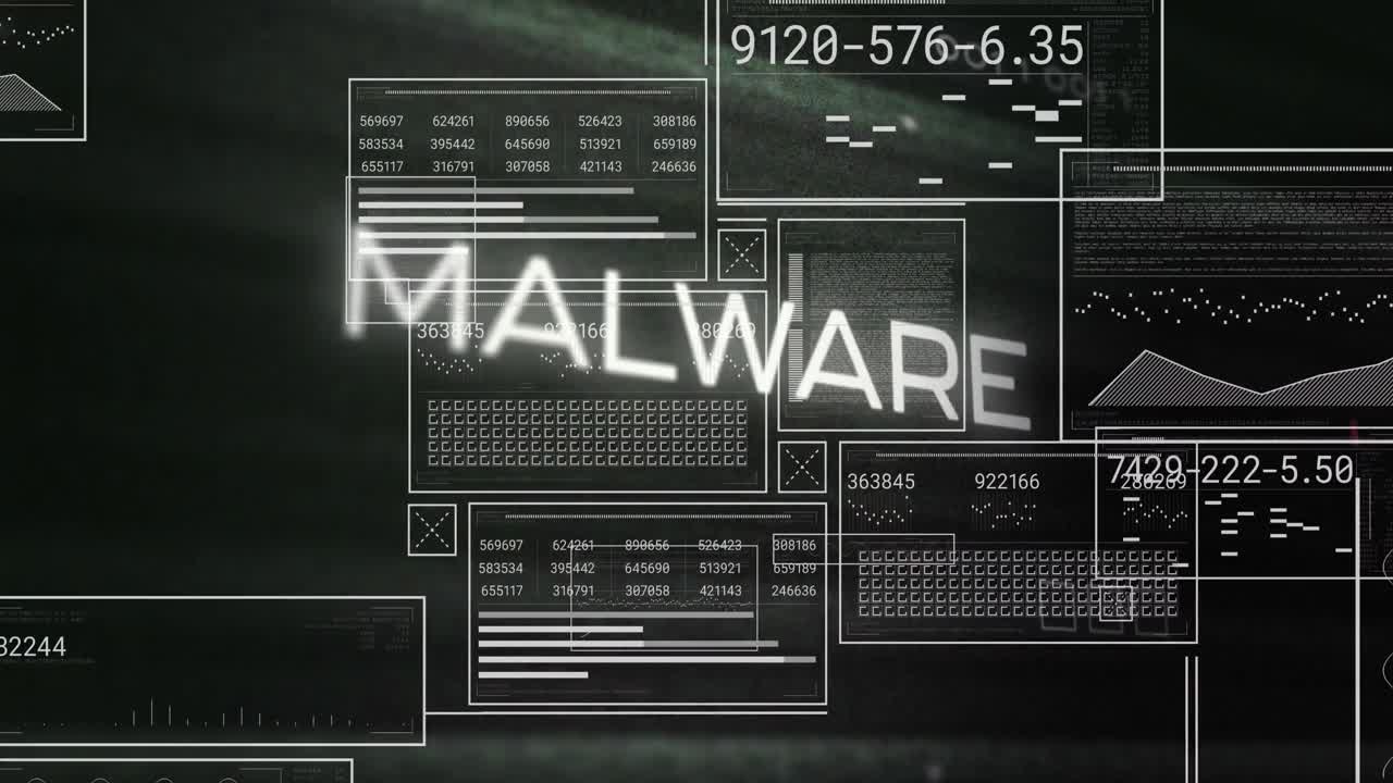 animación de texto de malware y procesamiento de datos.