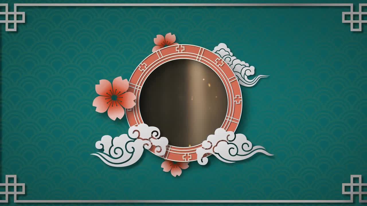 중국어 아시아 오렌지,  ⁇ 색 및 파란색 패턴의 애니메이션 복사 공간