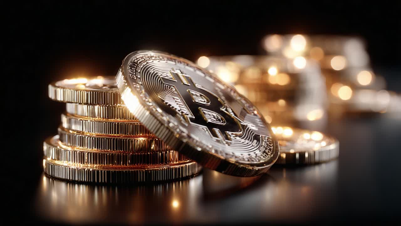 A Glimmering Collection of Bitcoin Coins Stacked on a Dark Surface, Highlighting the Modern Revolution in Cryptocurrency and its Impact on Global Finance