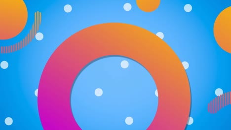 animation of orange and pink ring and circles over falling white dots on blue background