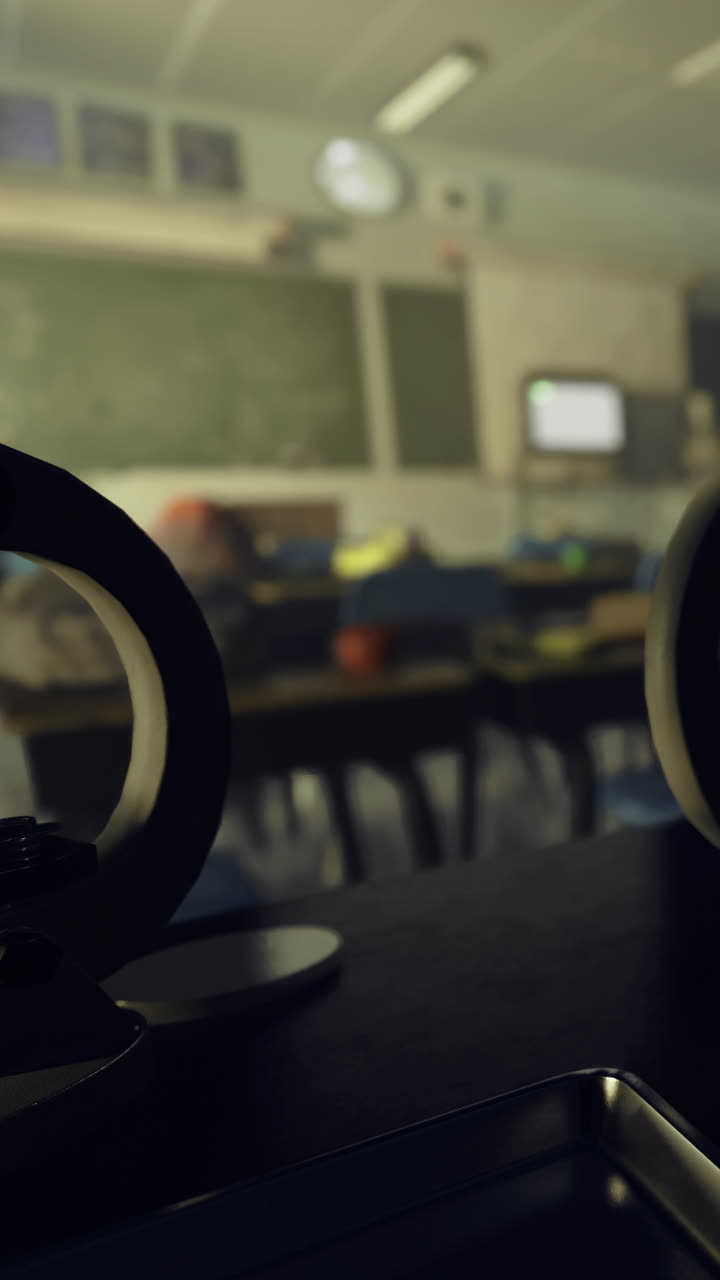 Aula con attrezzature e banchi vuoti durante una sessione di apprendimento
