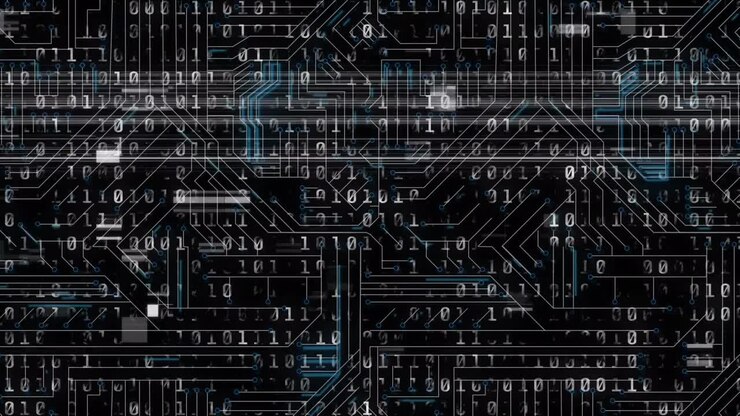 Binary coding data processing against microprocessor connections on black background