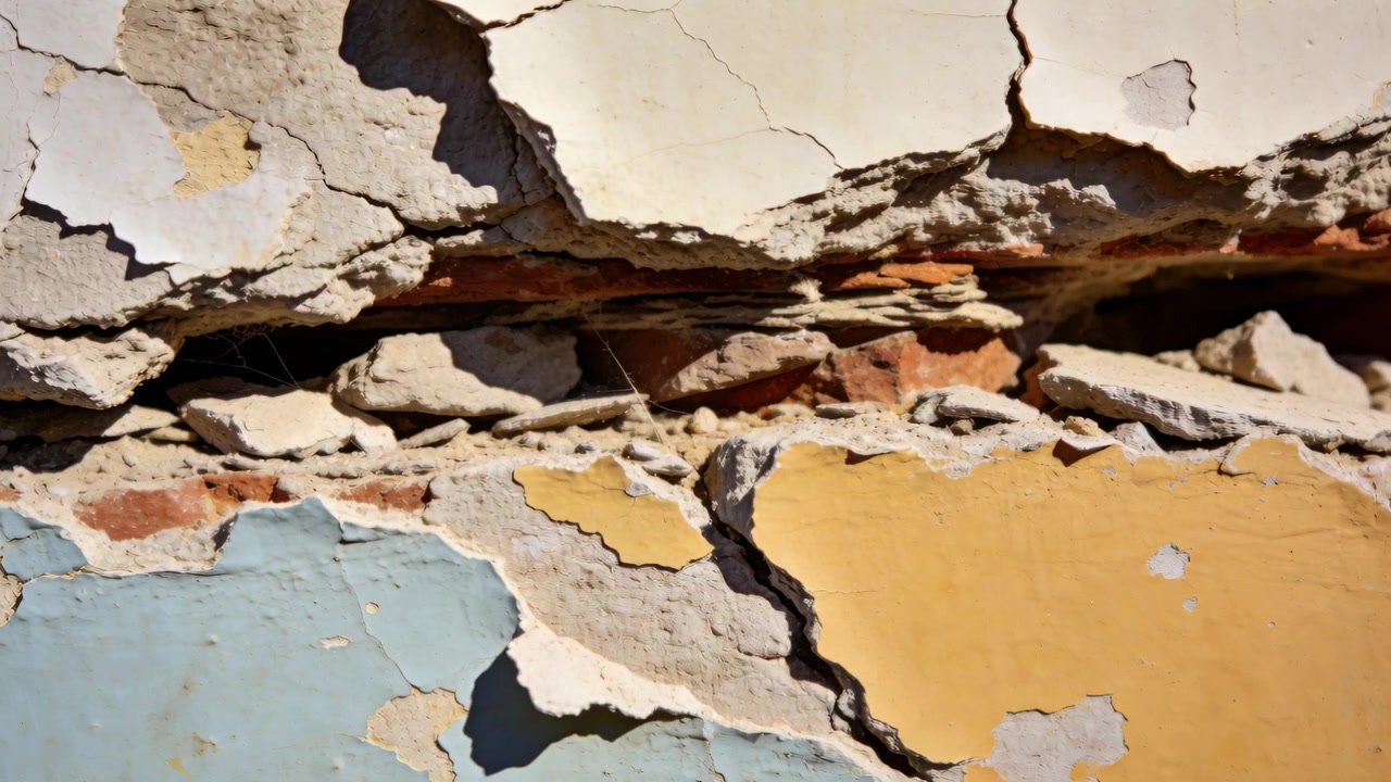Telecamera in panning che documenta una parete interna deteriorata con una fessura orizzontale, pittura scrostata e mattoni a vista.