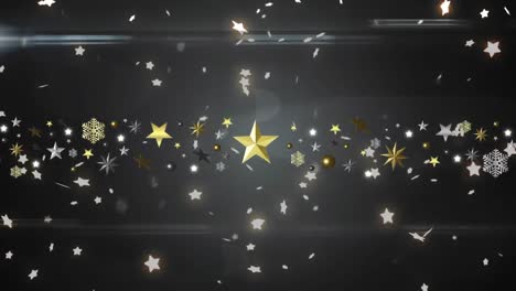 animation of stars falling over christmas decorations on black background