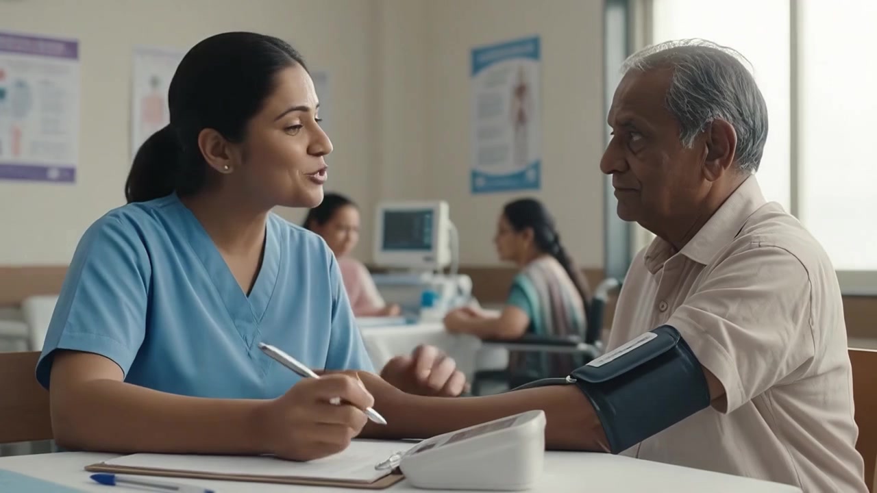 Nurse Checking Blood Pressure of Elderly Patient in Clinic