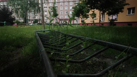 nostalgic urban children's playground in soviet era apartment area