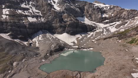 gletscherseeli glacial lake at fisetenpass near klausenpass, switzerland, aerial drone view, stunning alpine scenery with snow, rocks and turquoise water