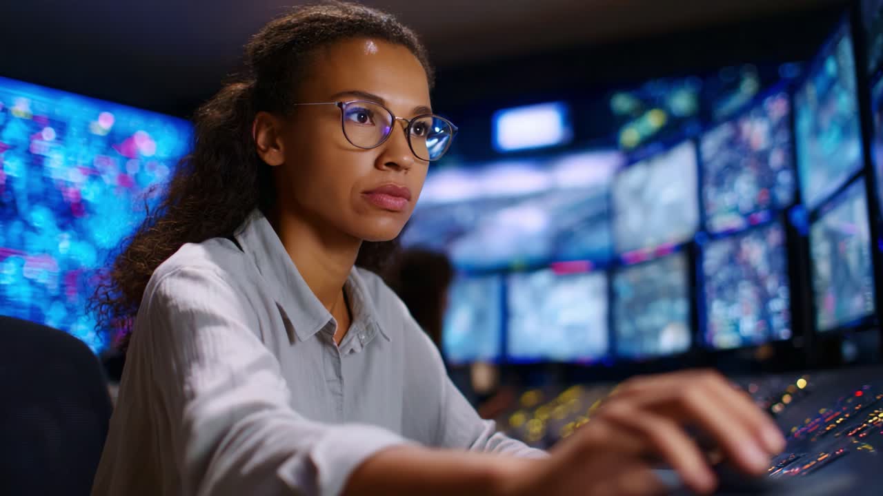 Focused Professional Monitoring Complex Visual Data in High-Tech Control Room with Multiple Screens Displaying Live Information and Analytics