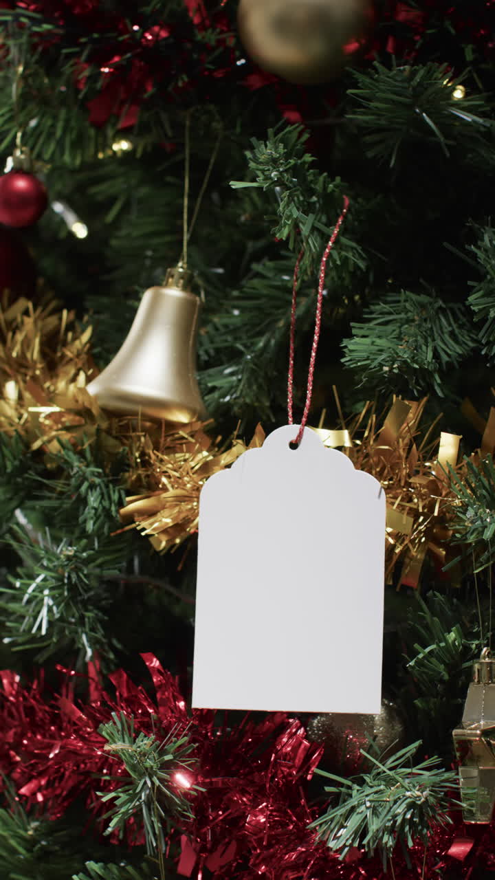 Vertical video of christmas tree withdecorations and white tag with copy space