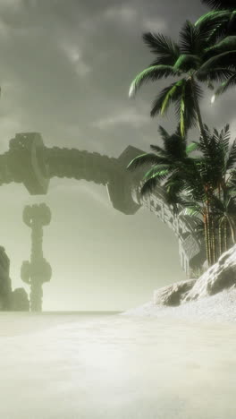 alien ship rises from calm waters by a lush tropical setting