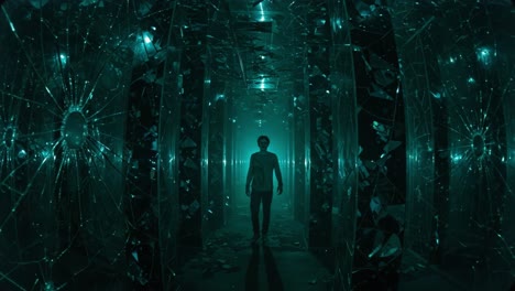 a mysterious figure navigates a twisted maze of reflective surfaces and eerie illumination, exploring the depths of a surreal, shattered environment