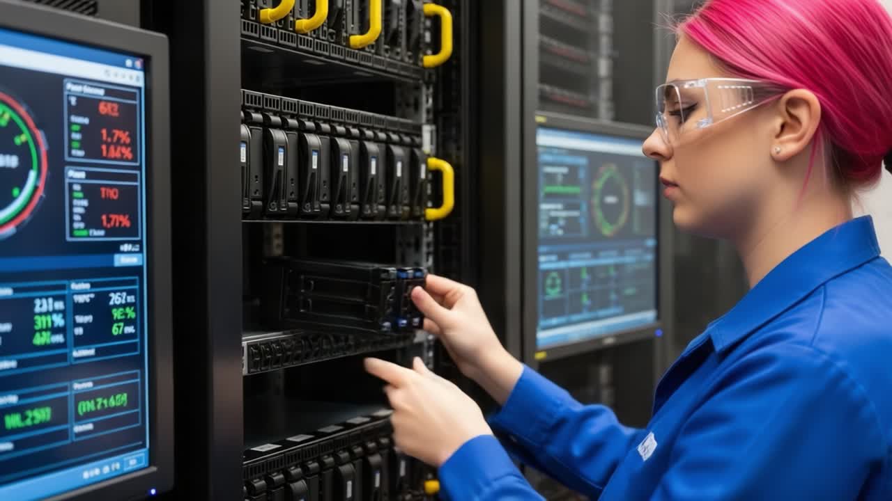 A technician with pink hair and protective eyewear engages in hardware installation and maintenance within a sleek server room packed with high-tech equipment and data screens.