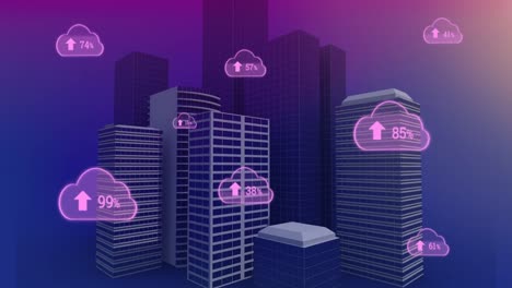 animación de múltiples nubes rosadas con un porcentaje de crecimiento sobre el paisaje urbano