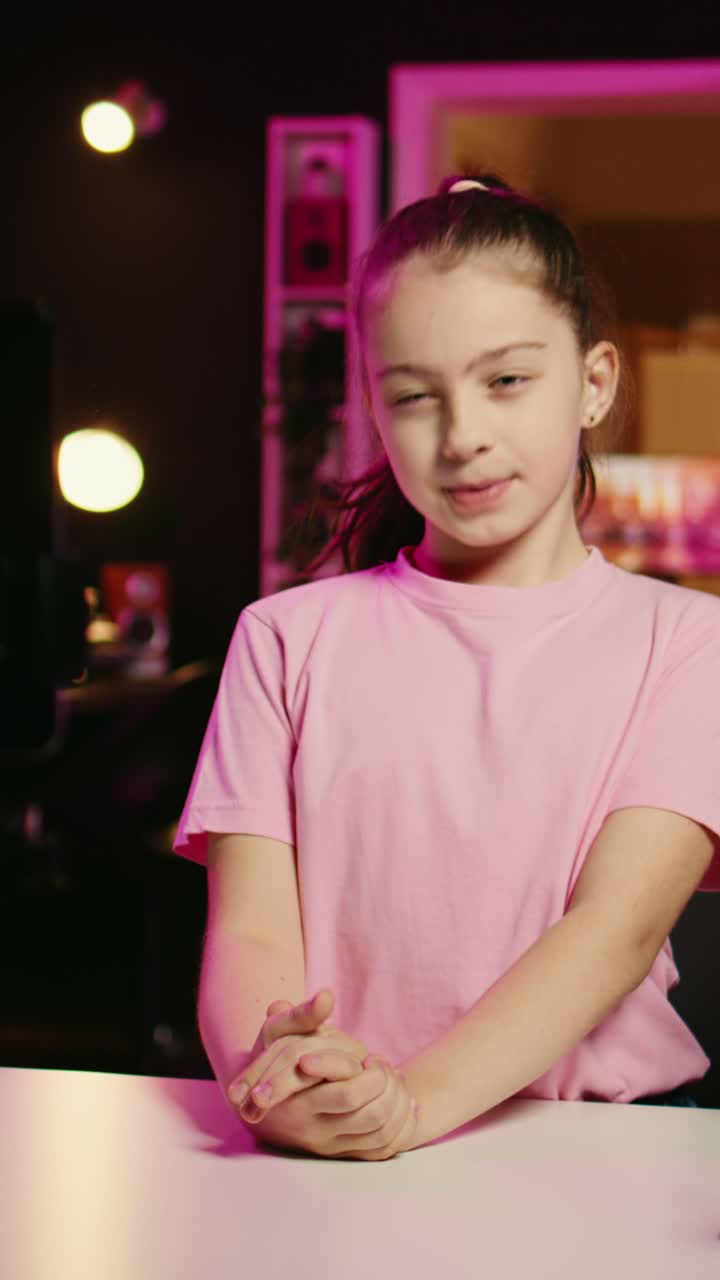 Vertical video Smiling girl recording video for family channel with phone
