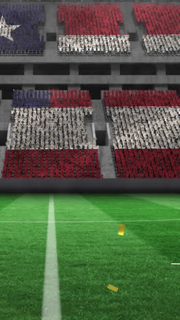 animation of gold confetti falling over flag of united states of america in sports stadium