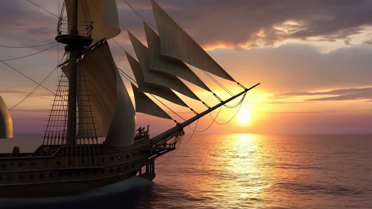 A Majestic Sailing Ship at Sunset on the Open Sea