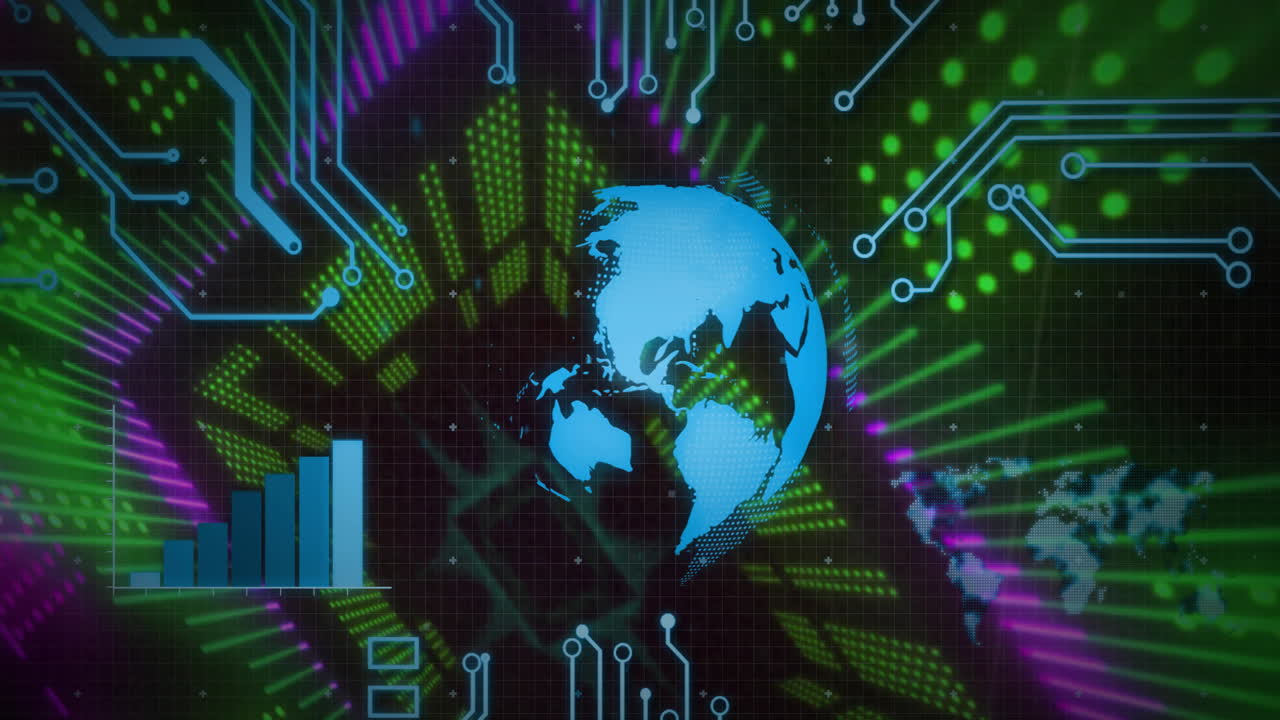 Animation of digital world map with colorful data streams and circuit patterns