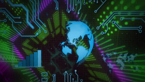 animation of digital world map with colorful data streams and circuit patterns