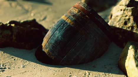 old wooden barrel tilted on sandy beach near rocks at sunset