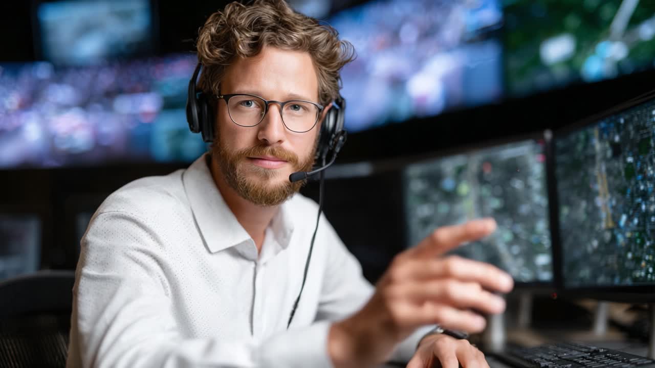 Focused Operator in Control Room: A Close-Up Look at a Professional Monitoring Multiple Screens in a High-Pressure Environment