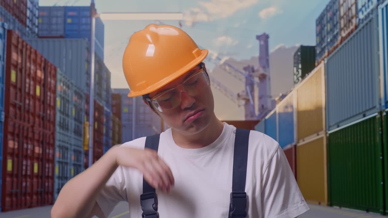 close up de hombre asiático trabajador con gafas de protección y casco de seguridad limpiando el sudor y estando cansado mientras está de pie en el depósito de contenedores