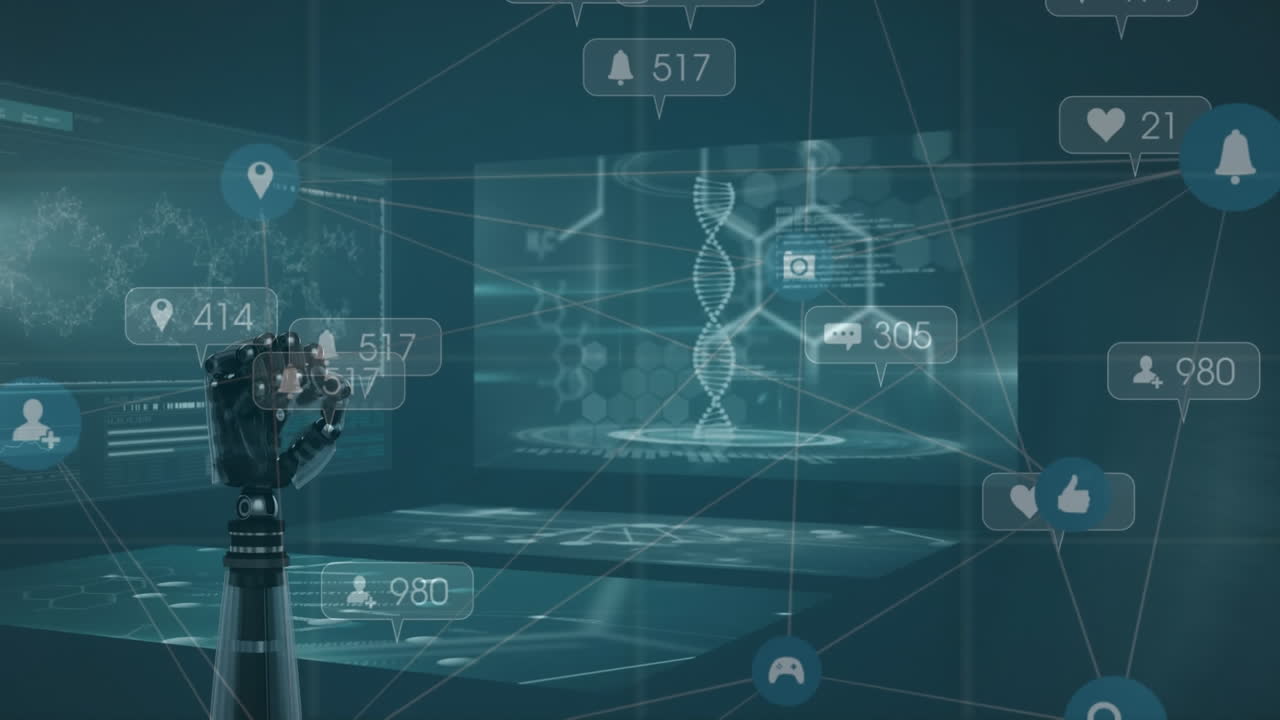 로 ⁇  손과 데이터 처리에 대한 아이콘으로 연결 네트워크의 애니메이션