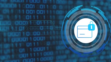 animación del procesamiento de datos con icono de tarjeta de crédito sobre fondo azul