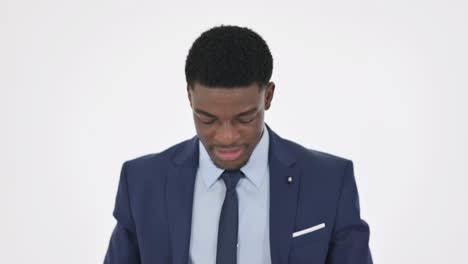 african businessman shouting, screaming on white background