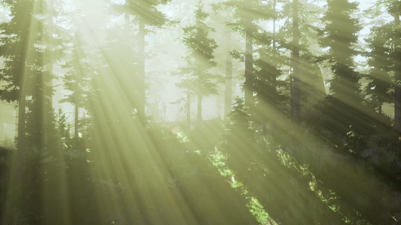 солнечный свет проходит сквозь деревья в спокойном лесу рано утром.