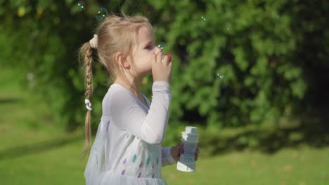 Una-Niña-Pequeña-Está-Soplando-Burbujas-De-Aire-En-Un-Día-Soleado,-La-Naturaleza-Verde-Ion-El-Fondo