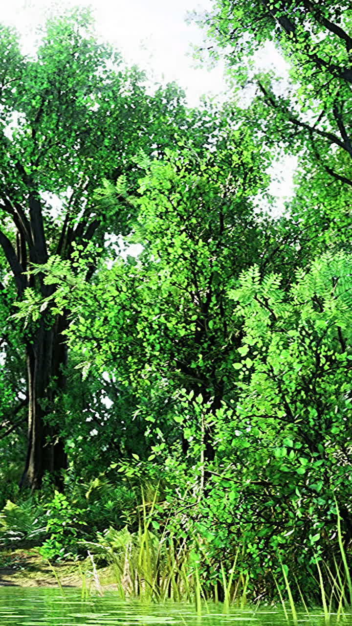 Lush greenery reflects in serene waters under bright sunlight