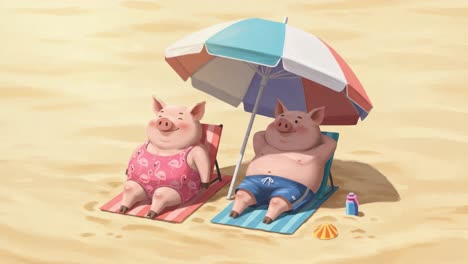 two adorable pigs lounging under a colorful beach umbrella, enjoying a sunny day at the beach, capturing a playful and relaxed vibe in a whimsical cartoon setting