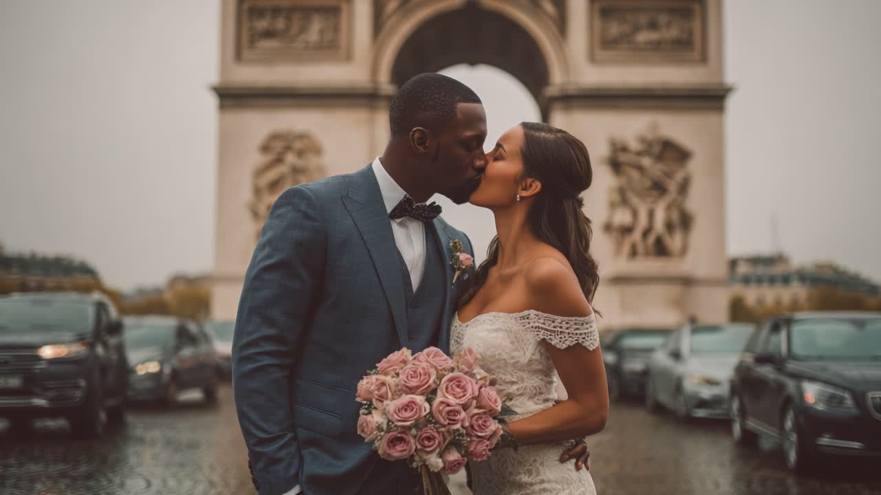 Un moment romantique lors d’un mariage : un couple échange un baiser devant l’emblématique Arc de Triomphe, entouré par l’architecture française classique par temps nuageux