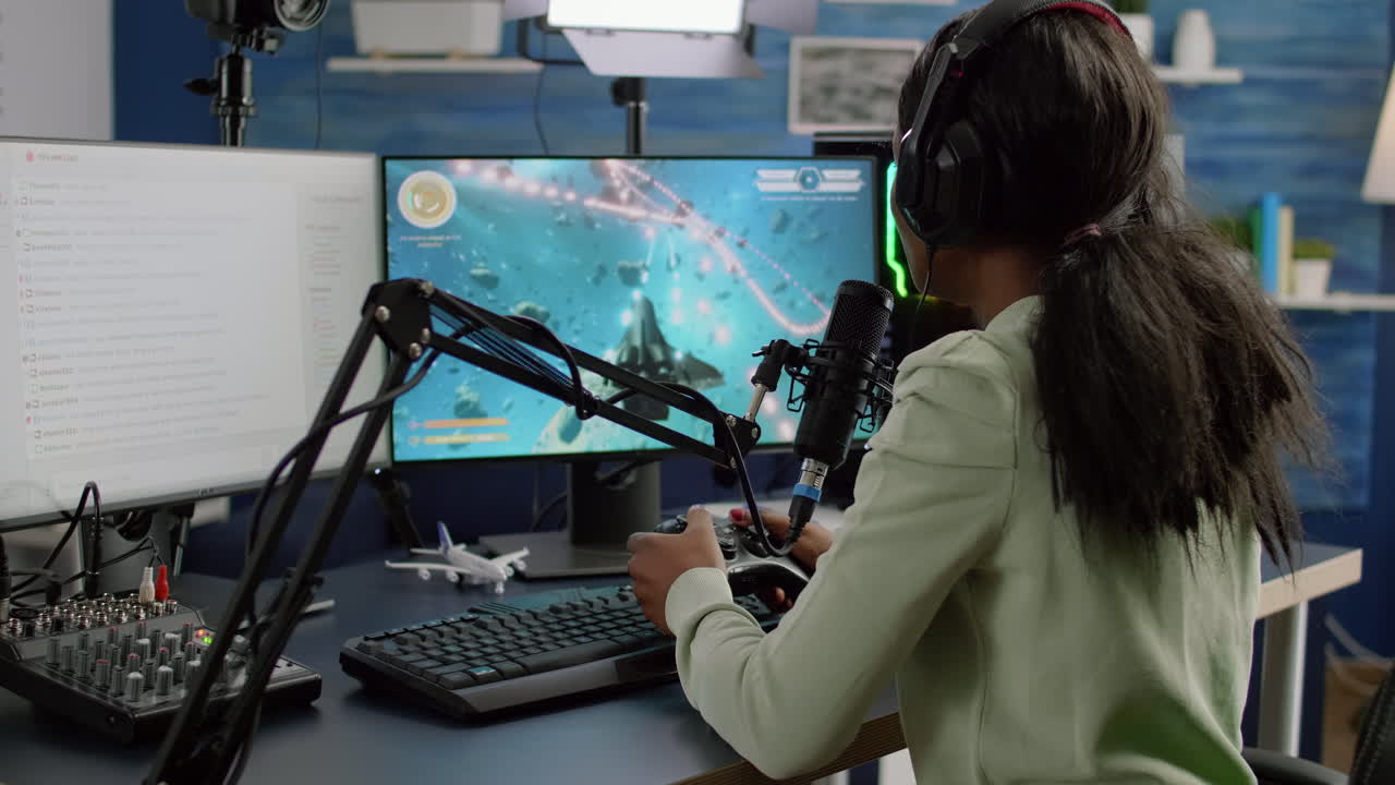 Streamer cyber performing space shooter video game holding controller