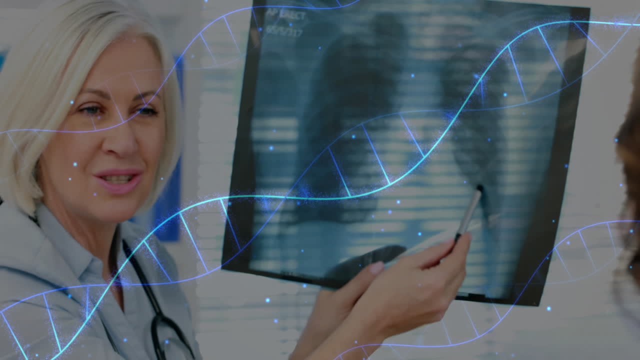 Female doctor pointing pen at X?ray in exam room, with patient watching and floating DNA helix