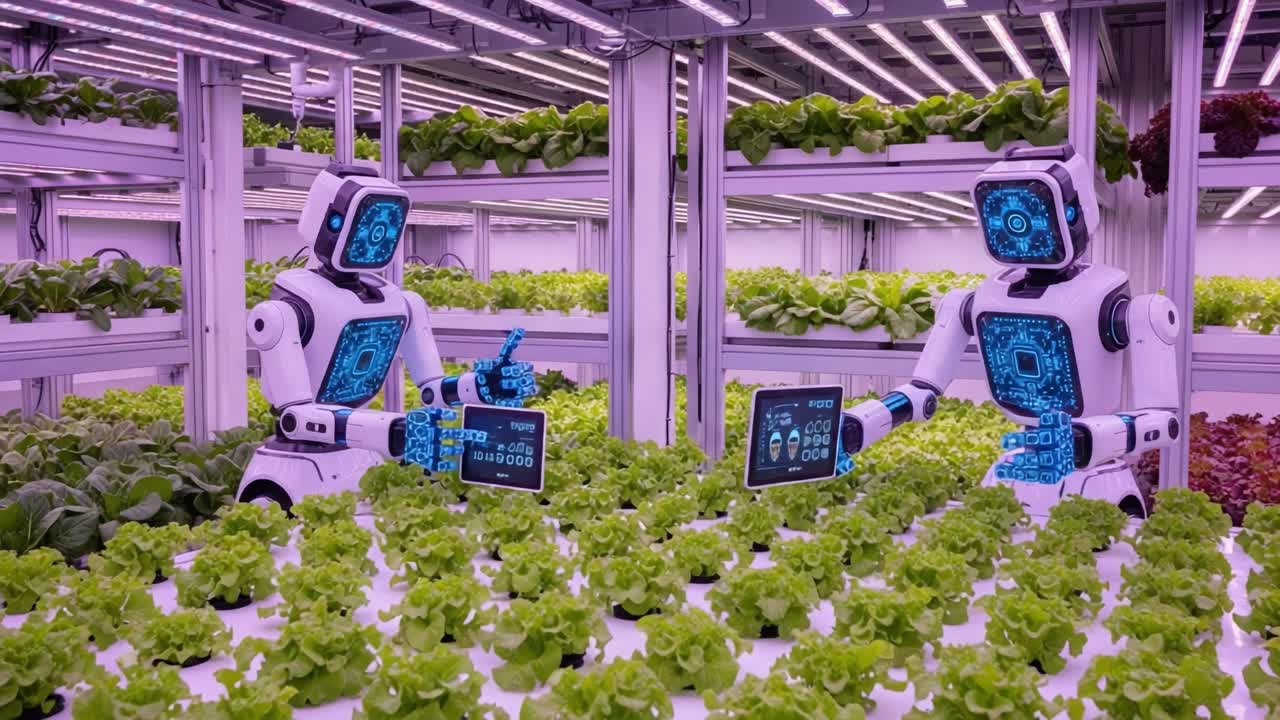 In an advanced vertical farm, two robotic figures optimize plant growth through digital interaction, showcasing the intersection of technology and agriculture in a controlled environment.