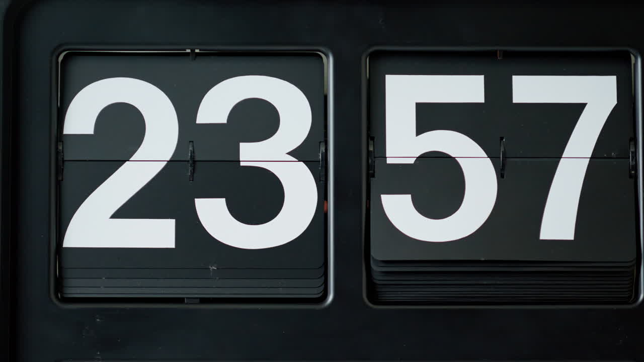 Closeup retro flip clock with white numbers on black background. Macro flipclock