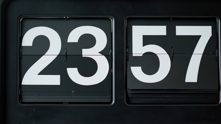 Closeup retro flip clock with white numbers on black background. Macro flipclock
