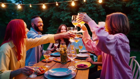 friends celebrating with a toast at an outdoor dinner party