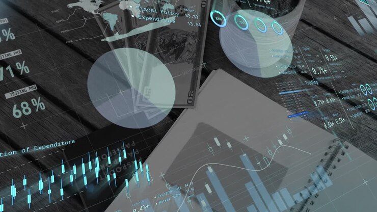 Animert finansiell databehandling over amerikanske dollarsedler og notatbok.
