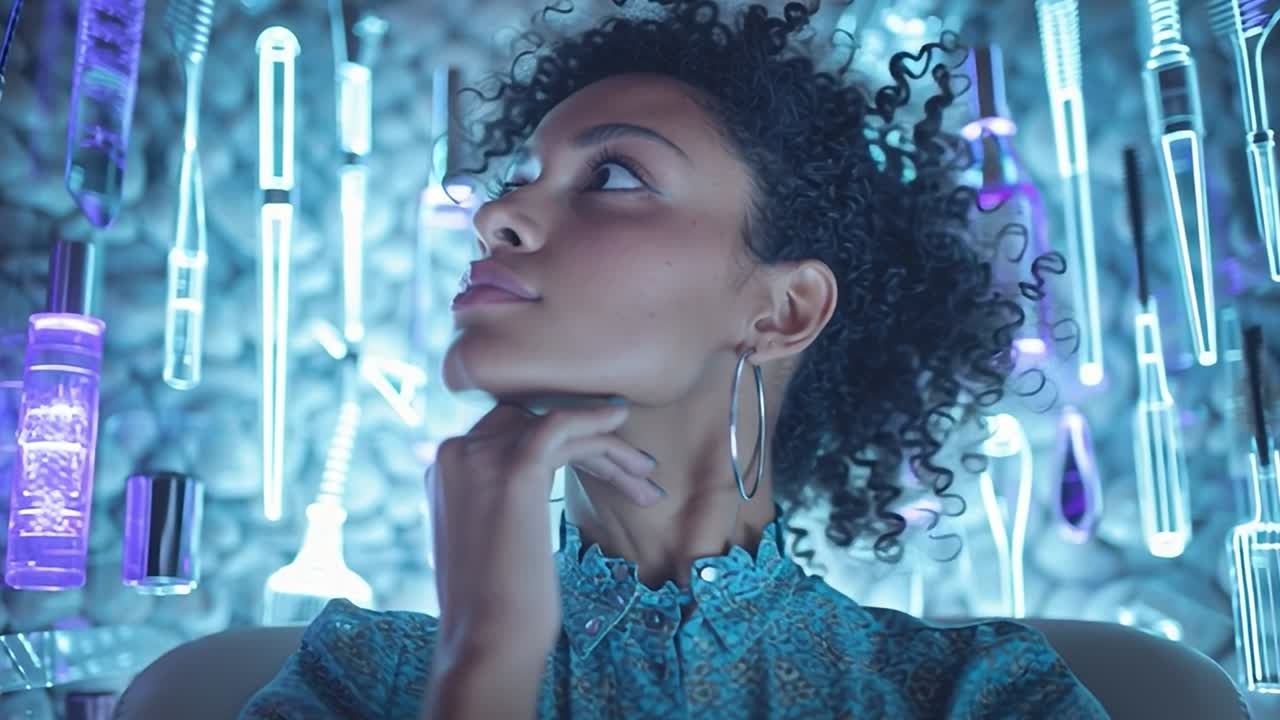 Woman contemplatively sitting amidst glowing beauty products