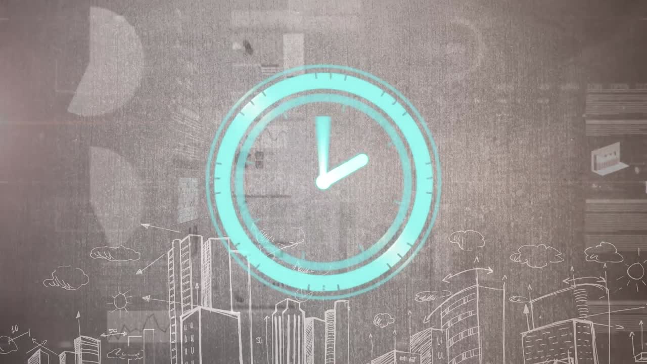 Animation of clock moving fast and statistics with data processing over cityscape