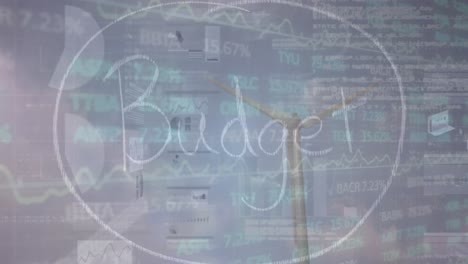 animation of budge text banner over stock market data processing over spinning windmill against sky