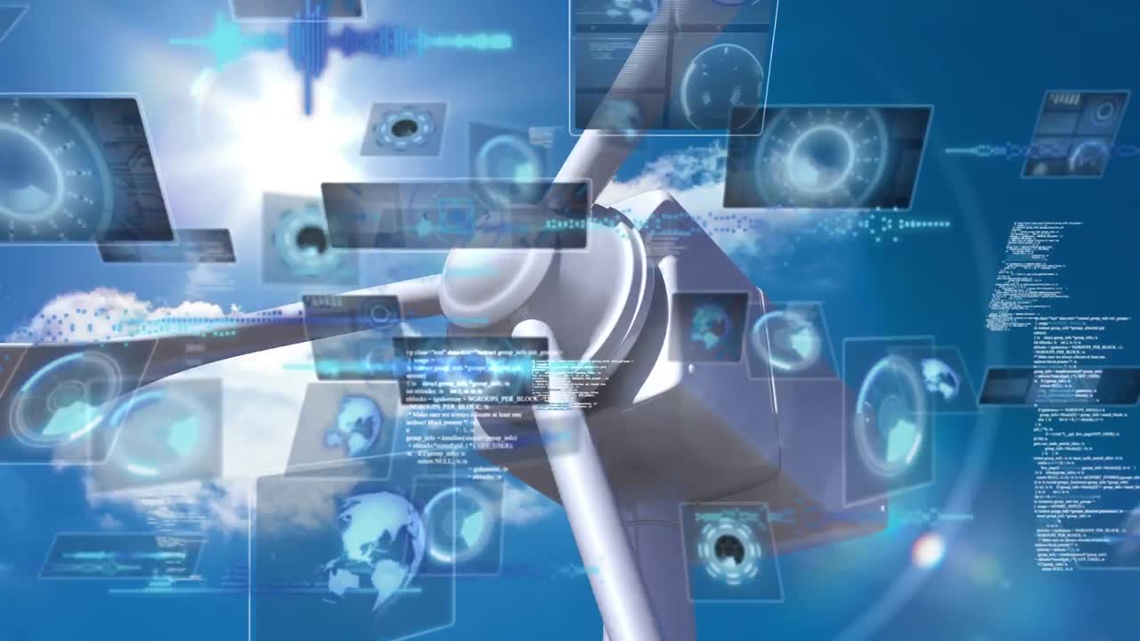 풍력 터빈 위의 범위 스캐닝과 함께 데이터 처리의 애니메이션