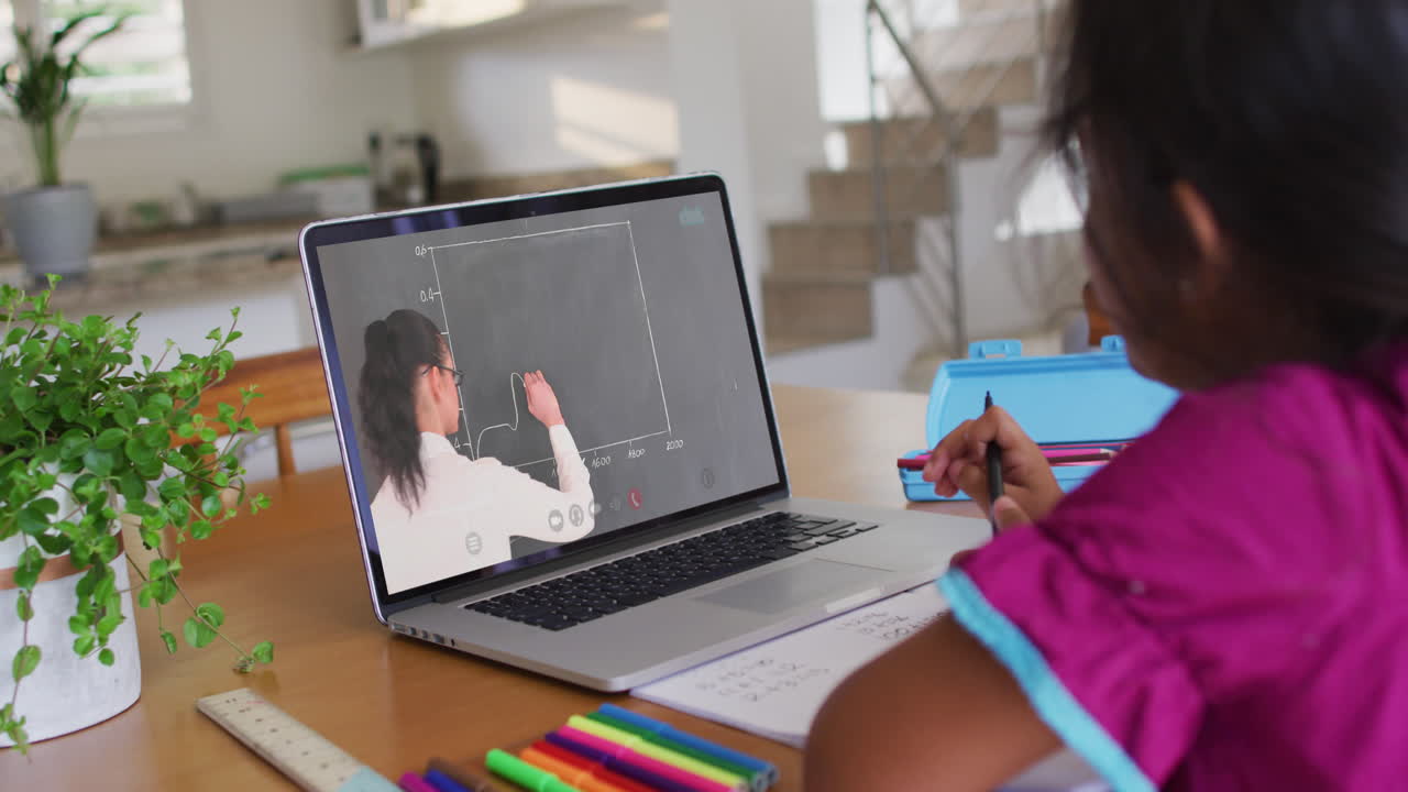 chica biracial sentada en un escritorio usando una computadora portátil teniendo una lección escolar en línea