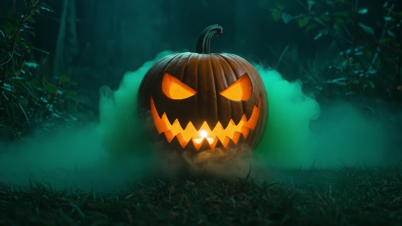 Zucca di Halloween spettrale che brilla in una nebbia inquietante, creando un'atmosfera da brivido perfetta per le celebrazioni e i festeggiamenti della notte di Halloween.