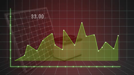 animación de gráfico de línea fluctuante sobre panel solar y batería en fondo de cuadrícula roja